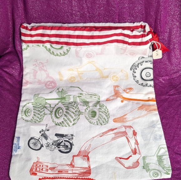 Reusable fabric produce bag with tare weight- trucks and red stripes - Picture 3 of 6
